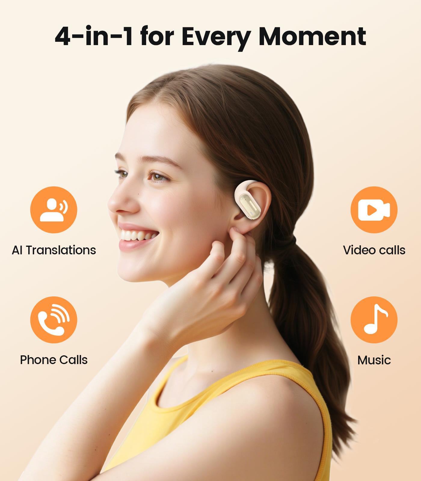 AI Translation Earbuds Real Time 164 Languages Translator Ear Buds Audifonos Traductores Inglés Español 4-in-1 Wireless Headphones Bluetooth Earphones for Travel Business Meeting Learning Beige