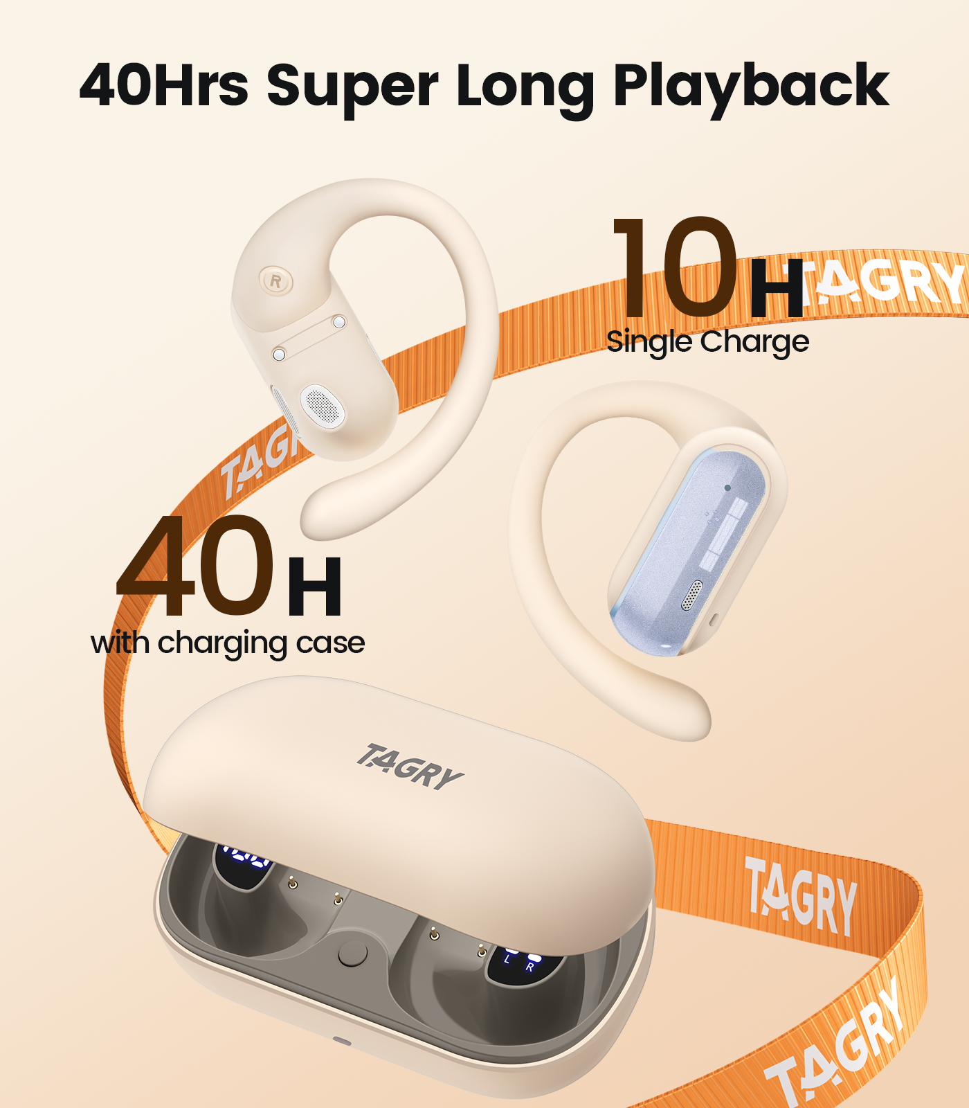 TAGRY Open Ear Earbuds Wireless Headphones 40HRS Playtime Fast Charging Digital Display Open Ear Headphones with Ergonomic Earhook IPX7 Waterproof Bluetooth 5.4 Ear Buds for Running Workout Blue