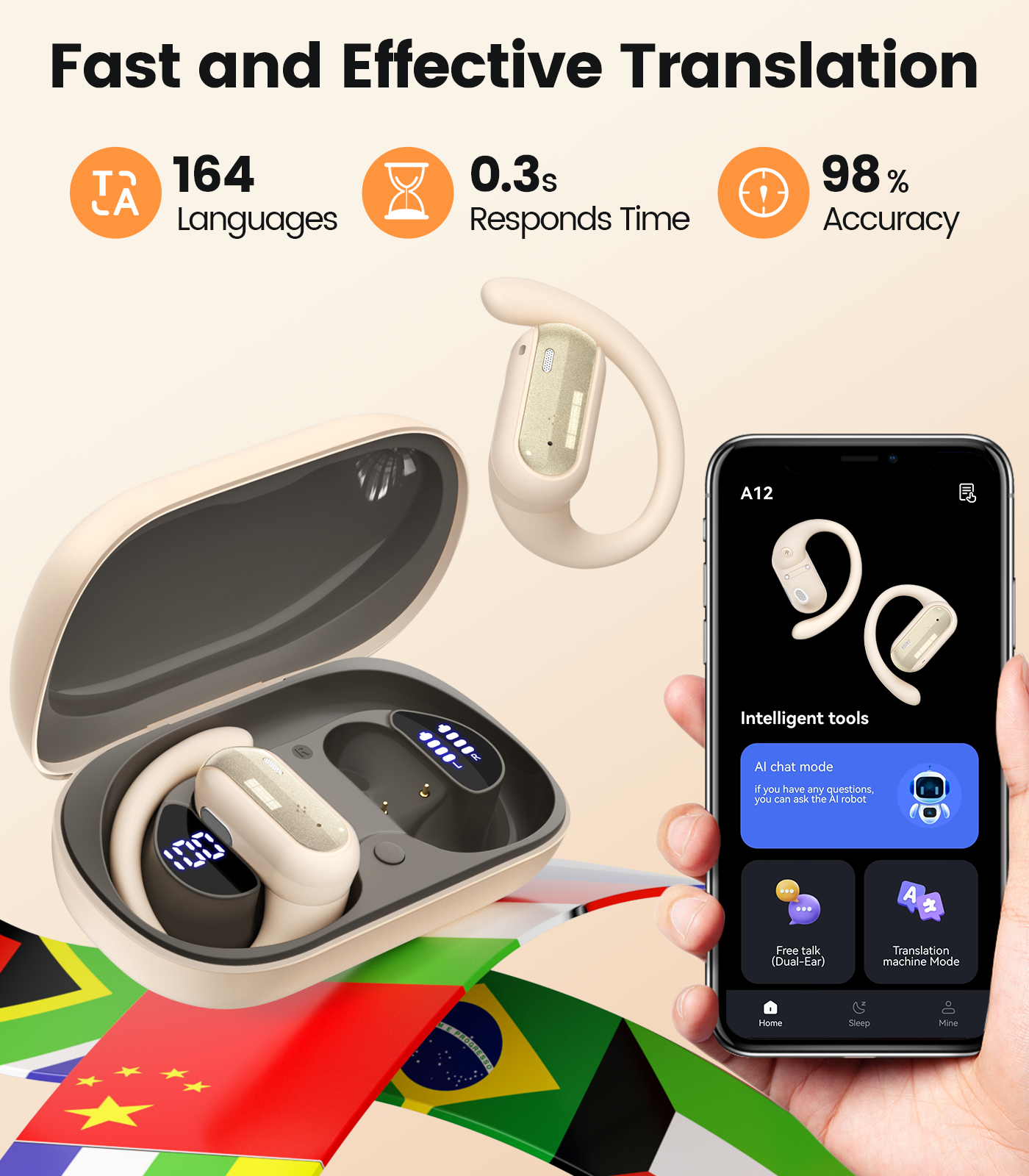 AI Translation Earbuds Real Time 164 Languages Translator Ear Buds Audifonos Traductores Inglés Español 4-in-1 Wireless Headphones Bluetooth Earphones for Travel Business Meeting Learning Beige