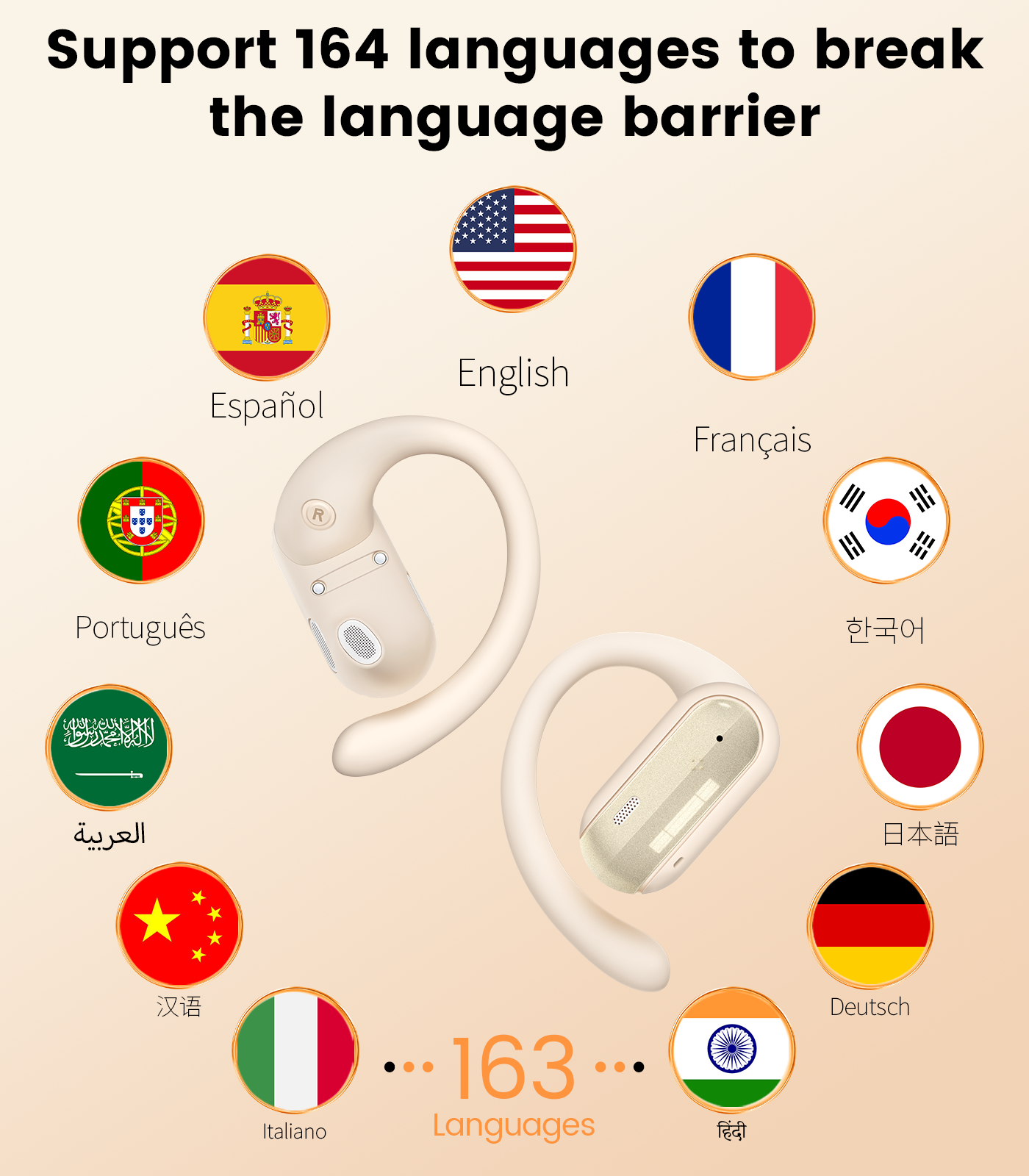 AI Translation Earbuds Real Time 164 Languages Translator Ear Buds Audifonos Traductores Inglés Español 4-in-1 Wireless Headphones Bluetooth Earphones for Travel Business Meeting Learning Beige