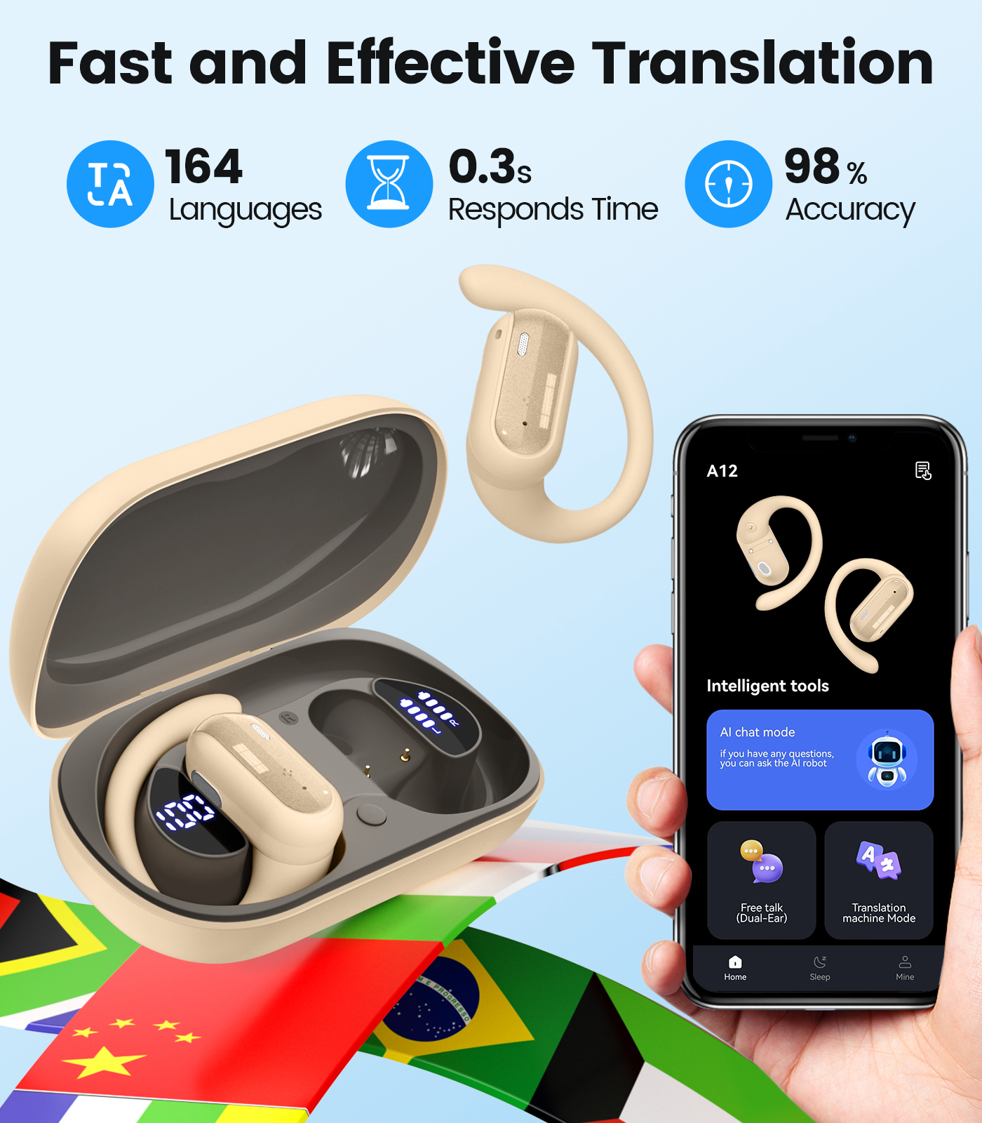 AI Translation Earbuds Real Time 164 Languages Translator Ear Buds Audifonos Traductores Inglés Español 4-in-1 Wireless Headphones Bluetooth Earphones for Travel Business Meeting Learning Caramel