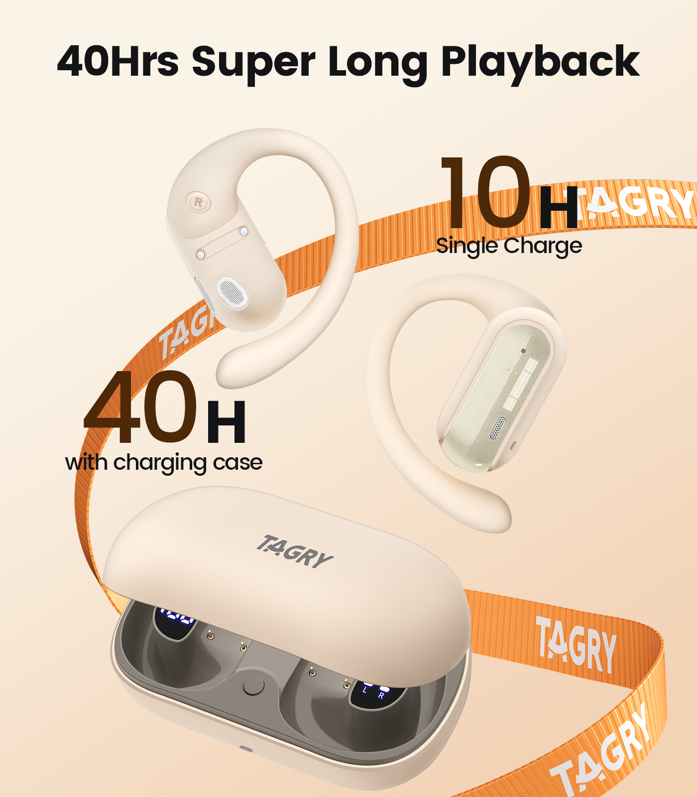 TAGRY Open Ear Headphones Wireless Earbuds 40HRS Playtime Fast Charging Headphone Digital Display Earphones with Ergonomic Earhook IPX7 Waterproof Ear Buds for Running Workout Beige