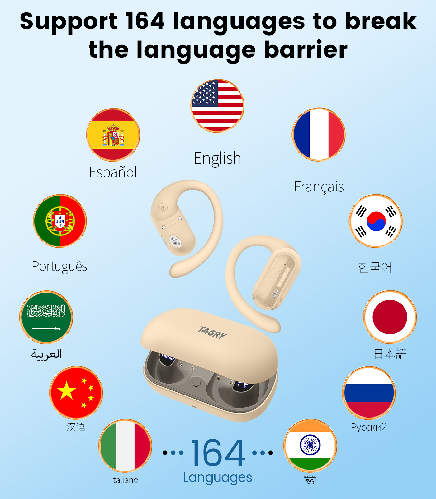 AI Translation Earbuds Real Time 164 Languages Translator Ear Buds Audifonos Traductores Inglés Español 4-in-1 Wireless Headphones Bluetooth Earphones for Travel Business Meeting Learning Caramel