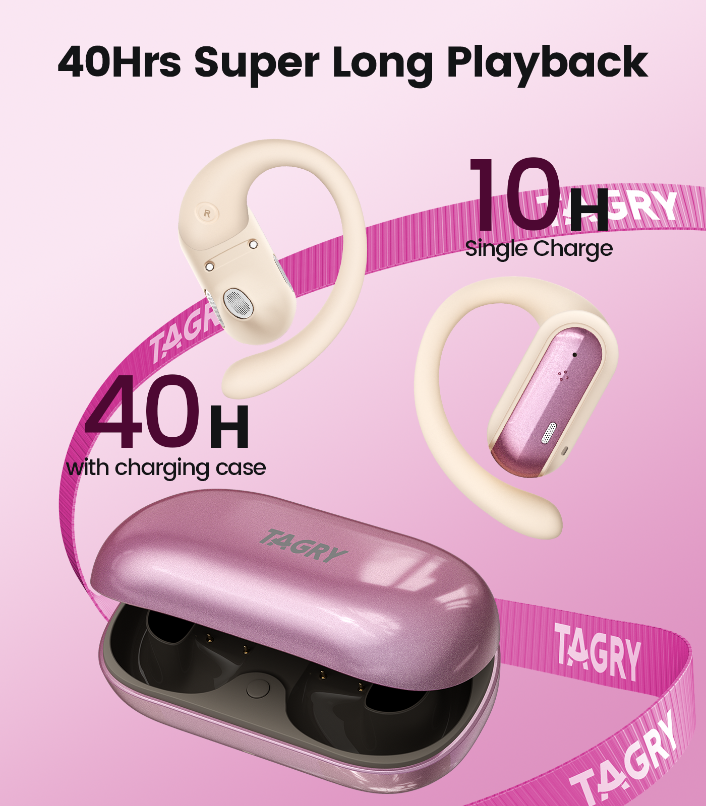 TAGRY Open Ear Earbuds Wireless Headphones 40HRS Playtime Fast Charging Digital Display Open Ear Headphones with Ergonomic Earhook IPX7 Waterproof Bluetooth 5.4 Ear Buds for Running Workout Rose Gold